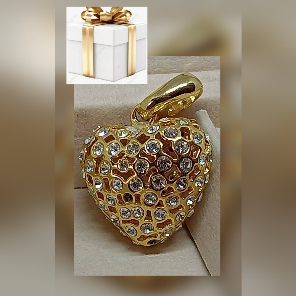 Gold Puffed Heart Pendant with Crystals